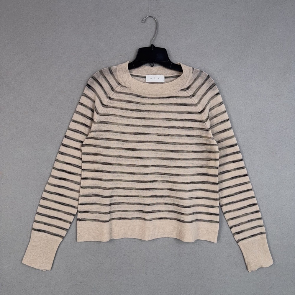 A.L.C. Sweater Womens Large Wool Beige Striped Sheer Knit Japanese Yarn Casual